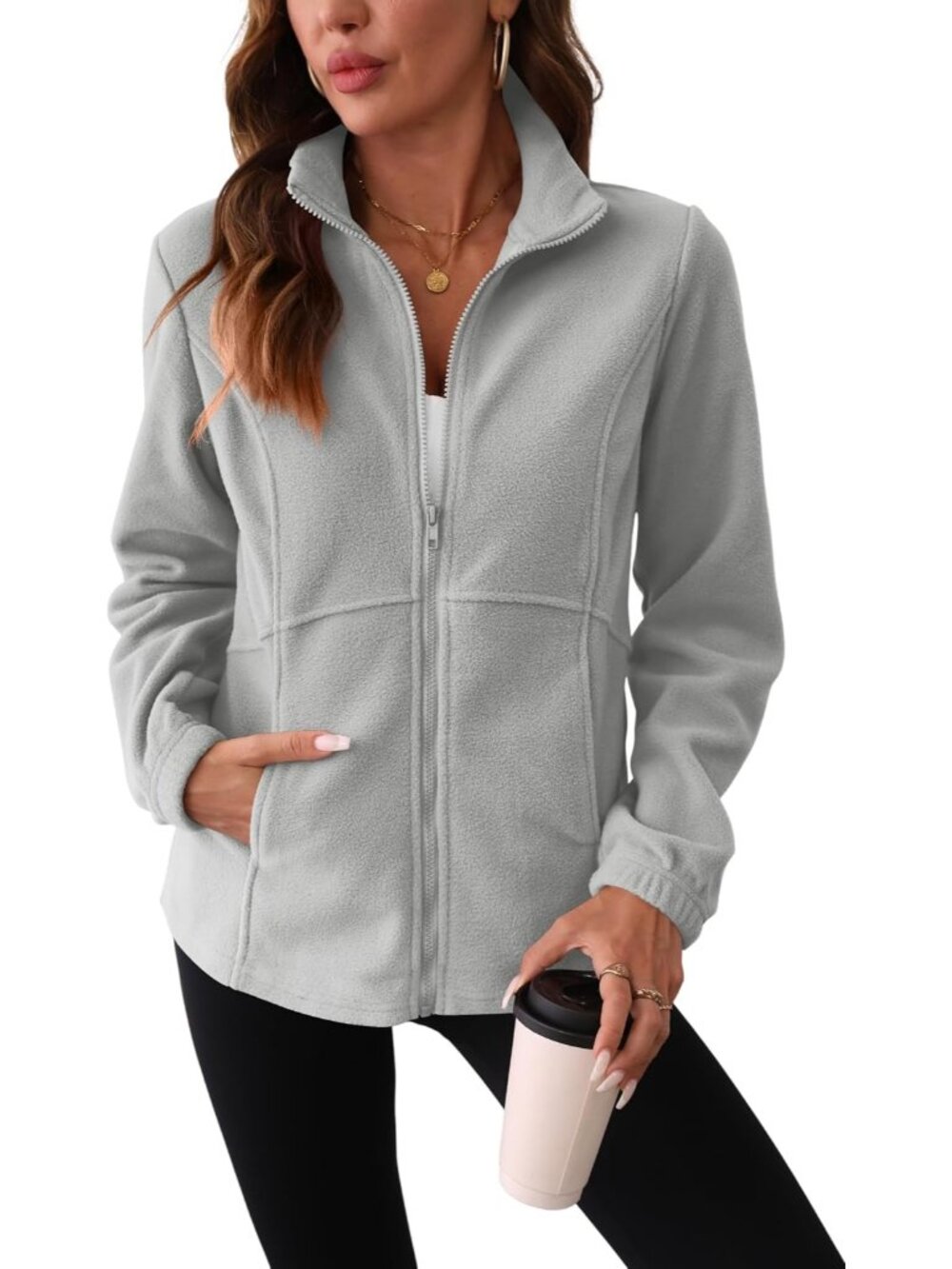 Women Light Grey Fleece Stand Collar Elastic Cuff Long Sleeve Zip Winter Jacket